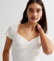 New Look Off White Ribbed Sweetheart Frill Sleeve T-Shirt